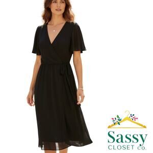 ✨ LAUREN RALPH LAUREN Black Faux Wrap Midi Dress 16 Plus LBD EUC 🖤